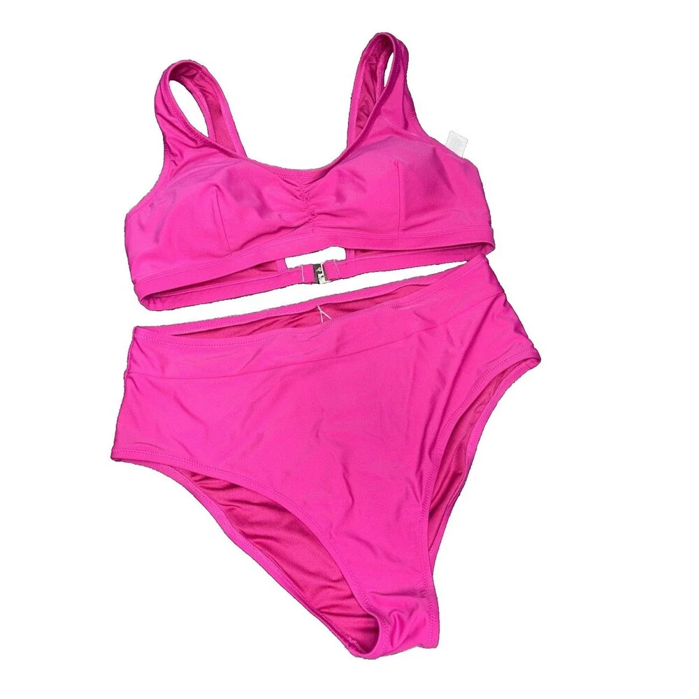 Cupshe Women Fuchsia Pink Bikini Set High Waisted 1X Buckle Remove Pads Ruched